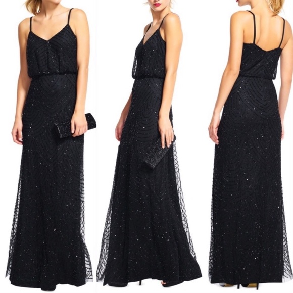 Adrianna Papell Blouson Black beaded long Dress - Picture 3 of 12